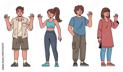 Four diverse young adults waving and smiling in casual outfits on white background