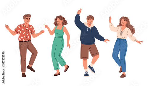 Group of diverse young adults dancing happily in casual outfits
