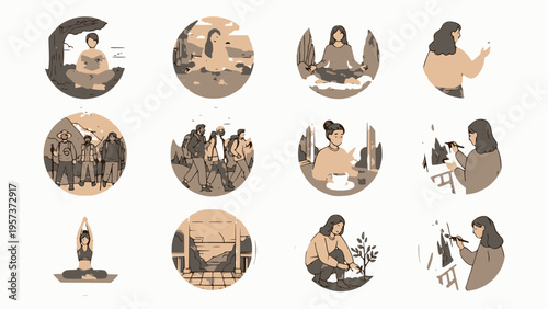 Woman illustrates various hobbies in circular.