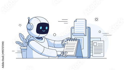 Robotic assistant writing notes at desk with office supplies and documents