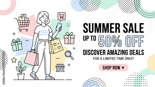 Summer Sale Promotion with Woman Shopping and Deals