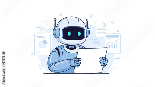 Cartoon robot analyzing data with tablet in futuristic office environment