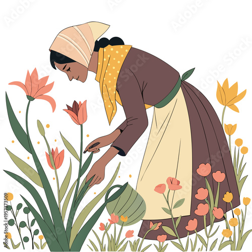 Woman in headscarf watering flowers gardening watering can