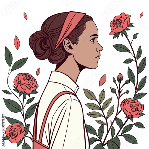 Woman with roses and headband flowers green leaves