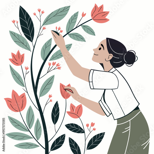 Woman Tending to Colorful Flowers gardening plants