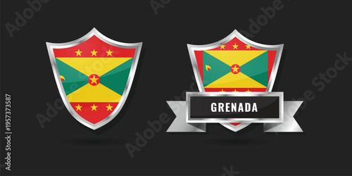 High-quality 3D metallic shield and ribbon emblem featuring the national flag of Grenada, perfect for Caribbean heritage and tropical branding