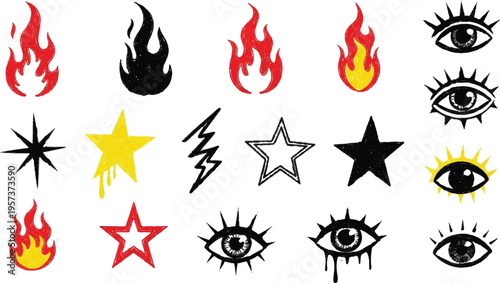 Set of silhouette flame and fire in vintage style. Hand drawn engraved monochrome bonfire sketch. 