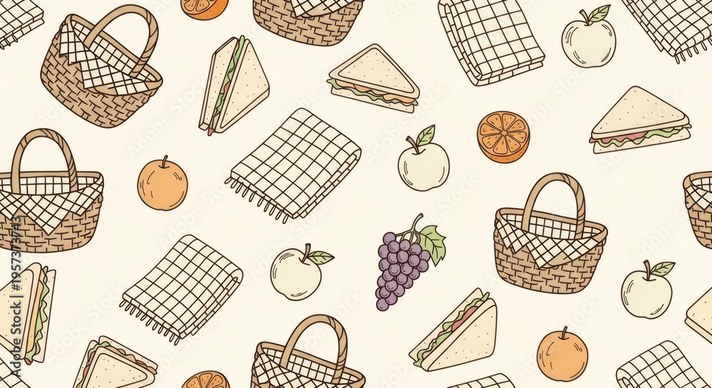 Seamless pattern of picnic elements. Baskets, sandwiches, fruits, blankets in cozy hand drawn doodle style, clean background, no text.