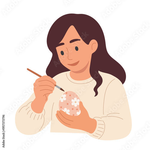 Young woman painting Easter egg, smiling female decorating egg with floral pattern, spring holiday activity, flat vector illustration