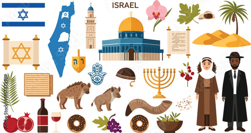 Israel Culture and Travel Vector Illustration with Landmarks, Flag, Traditional Food, Religious Symbols, Jerusalem Architecture and Jewish Heritage Collection