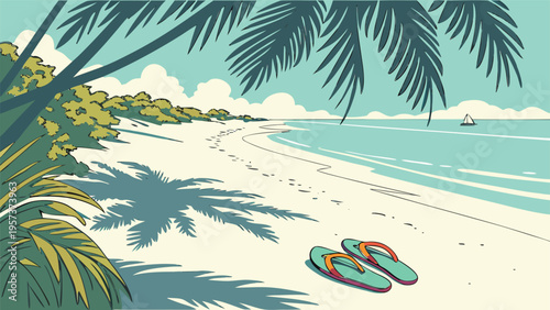 Vector illustration of a tropical beach with palm trees and flip flops