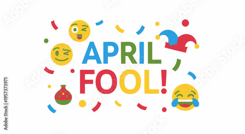 April fool's day celebration with colorful confetti and emojis
