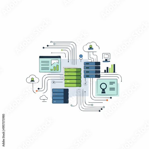 Technology and data exchange network facilitates seamless communication through servers and devices.