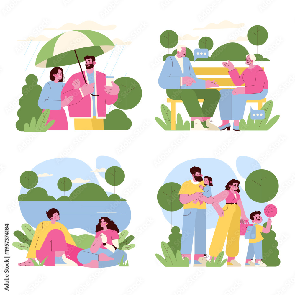 Fototapeta premium Family and Elderly Moments in Nature Vector Illustration