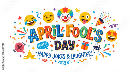 Vibrant april fools' day graphic with emoticons and festive elements