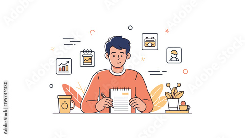 Young male asian adult taking notes at desk with charts and calendar illustrations