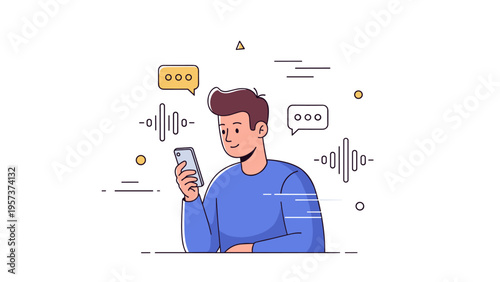 Young caucasian male using smartphone with chat bubbles and sound waves