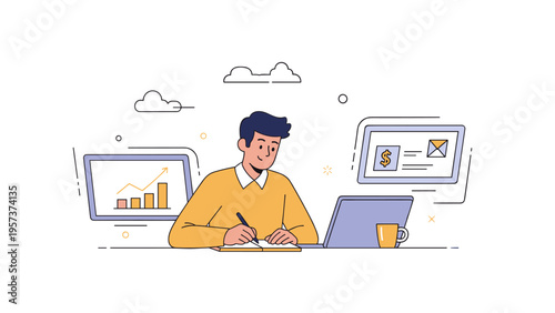Young caucasian male working on laptop with graphs and clouds in background