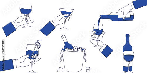 Hands holding wine glasses pouring drinks and ice bucket with bottle cocktail glass martini glass