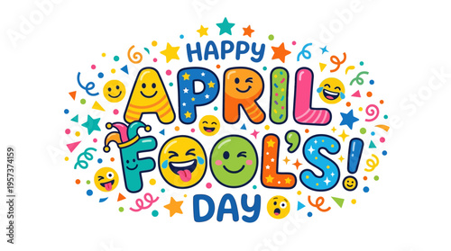Vibrant april fools' day graphic with colorful text and emoticons