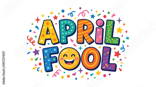April fool's day colorful celebration graphic with confetti and smiley face