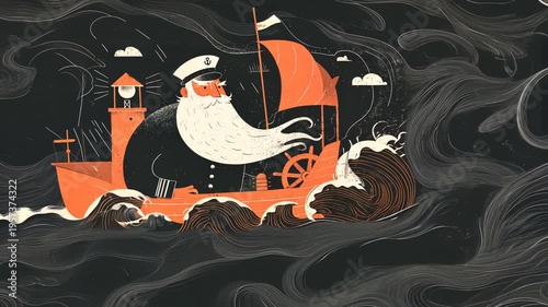 Captain's Maritime Adventure Illustration: A Whimsical Ship and Sailboat Journey Amid Stormy Waves and Clouds in Cartoon Style Vector Art