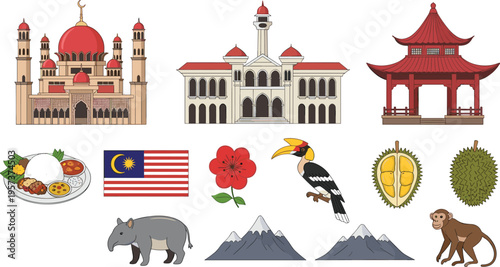 Malaysia Travel Culture Vector Illustration with Landmarks, Flag, Tropical Wildlife, Traditional Architecture, Food, Flowers and Southeast Asia Tourism Collection