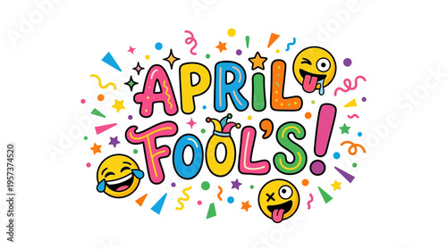 Vibrant april fools' day graphic with emoticons and confetti