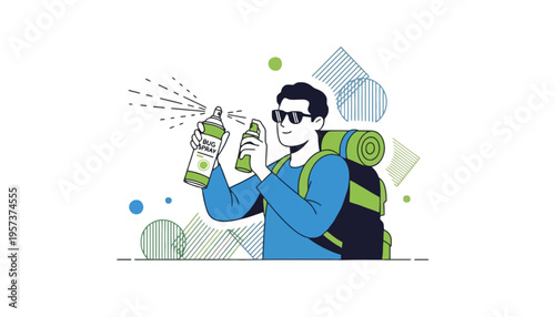 A man in sunglasses sprays insect repellent while wearing a backpack