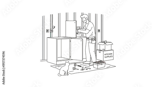 A man installing kitchen cabinets with a cat and tools nearby