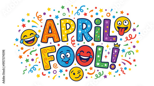 Colorful april fools day graphic with emoticons and confetti