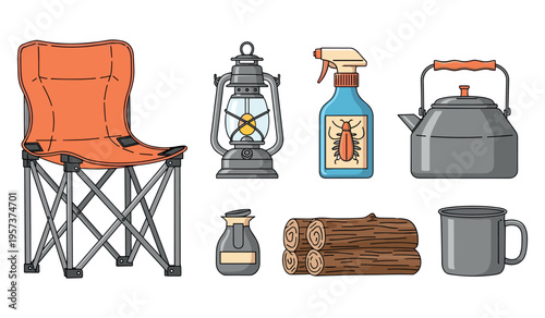 Camping essentials: chair, lantern, bug spray, kettle, log, mug, and bottle illustration