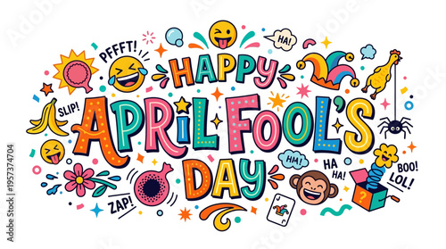 Vibrant april fools' day graphic with colorful text and playful emojis