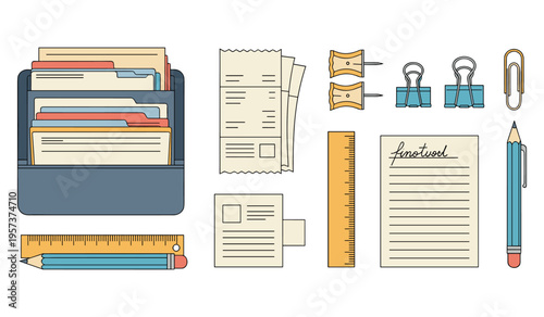 Organized office supplies: files, paper, pins, ruler, pencil, clips