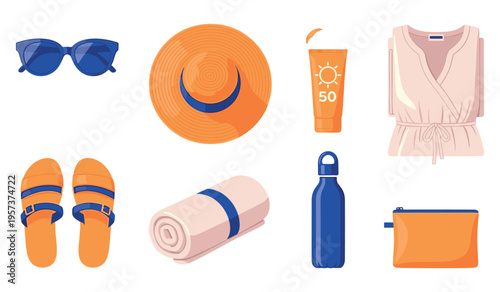 Summer beach essentials - sunglasses, sun hat, sunscreen, sandals, towel, bottle, pouch