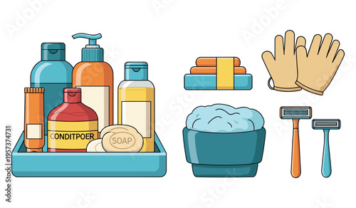 Collection of bath products and shaving items