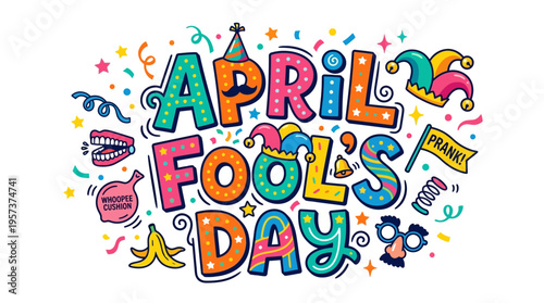 Vibrant april fools' day graphic with colorful letters and illustrations