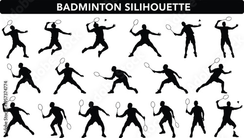 Badminton, player, silhouettes, collection, dynamic, action, poses, racket, sport, athletes, jumping, smashing, serving, isolated, black, figures, set, vector, style, illustration