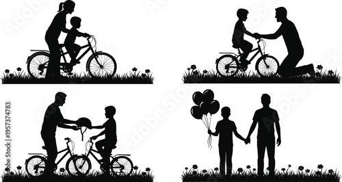 Silhouettes of parents teaching children to ride bicycles and holding balloons family