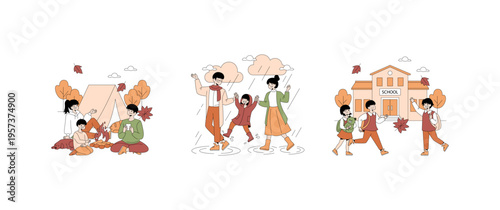 Happy Family Activities in Autumn Vector Illustration