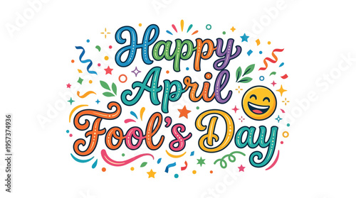 Vibrant happy april fools day greeting with colorful confetti and smiling emoji
