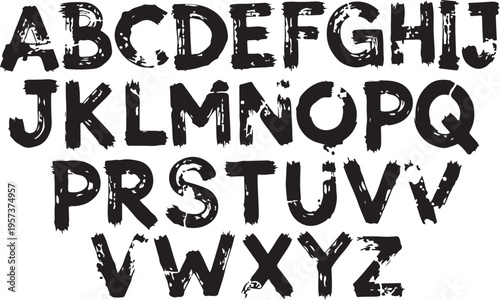 Grunge alphabet with capital letters. Dirty textured vector font. Typographic distressed font with dry brush strokes. Hand drawn characters with a rough inked texture.