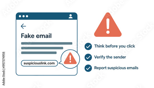 Phishing awareness training with fake email and warning signs illustration
