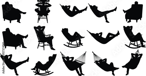 Silhouettes of people relaxing in chairs and hammocks sitting lying