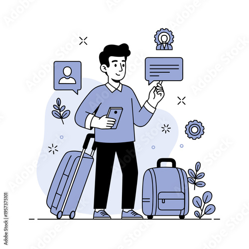 Young male traveler with luggage using phone in travel illustration