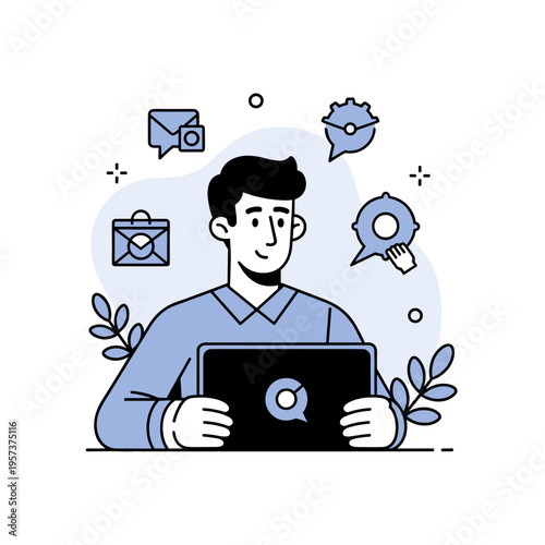 Young caucasian male with tablet engaging in technology and communication
