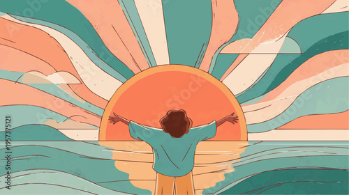 Flat vector illustration of a person with outstretched arms embracing a vibrant sunrise over the ocean, perfect for wellness blogs, motivational content, or travel promotions.
