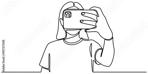 Continuous line drawing of woman taking a selfie