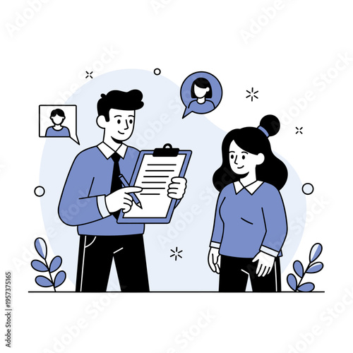 Business team meeting: young caucasian male and female discussion with profile icons