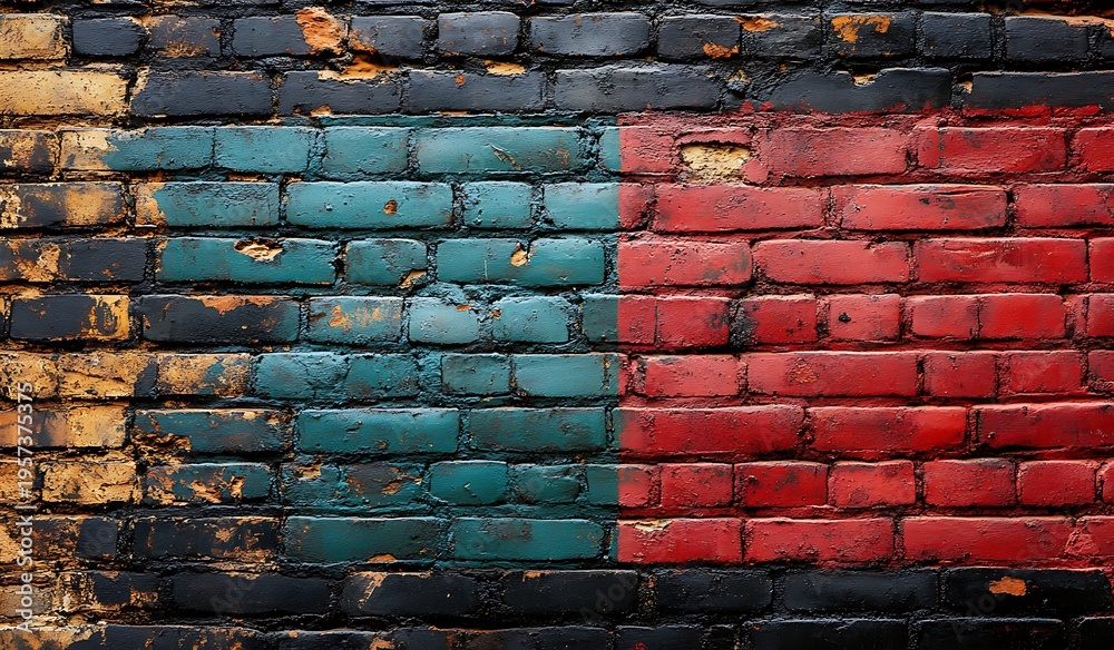 Fototapeta premium Distressed Brick Wall Painted with Black, Teal, and Red Sections image
